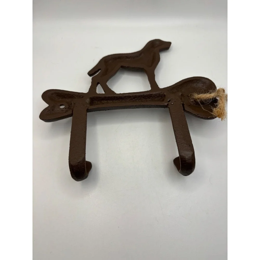 Cast Iron Dog on Bone Wall Hook Rack Rustic Brown Leash Key Holder 2 Hooks